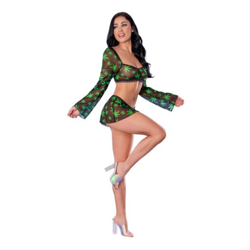 Magic Silk Hazy Dayz Crop Top, Skirt & G-String Set Pot Leaf S-M