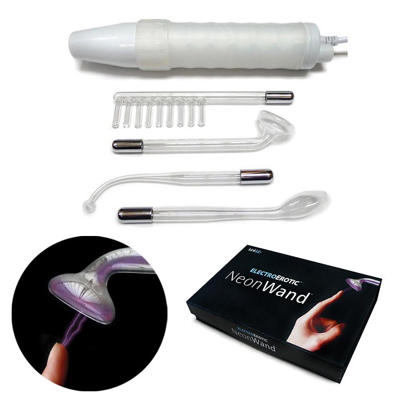 Stockroom KinkLab Neon Wand kit with white handle, four clear plastic attachments, and product box