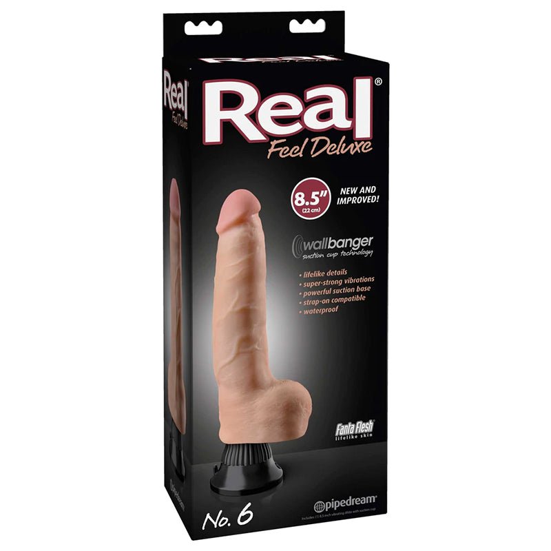 Pipedream Real Feel Deluxe No. 6 beige 8.5 inch vibrating dildo with balls and suction cup in retail box
