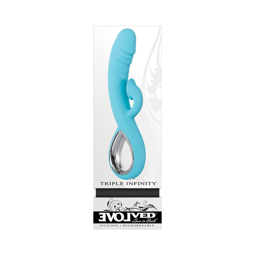 Evolved Triple Infinity Rechargeable Heating Suction Silicone Dual Stimulator Blue - Image 7