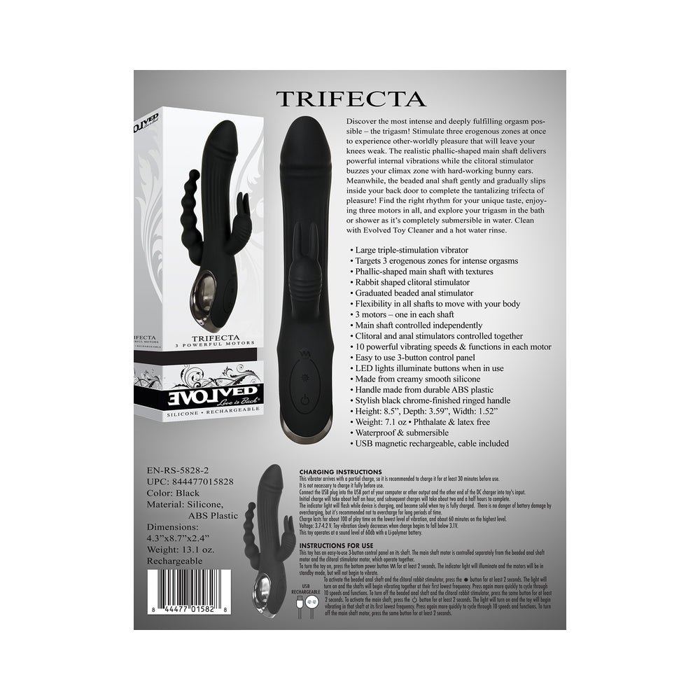 Evolved Trifecta Rechargeable Dual Entry Triple Stimulation Silicone Rabbit Vibrator Black - Image 10