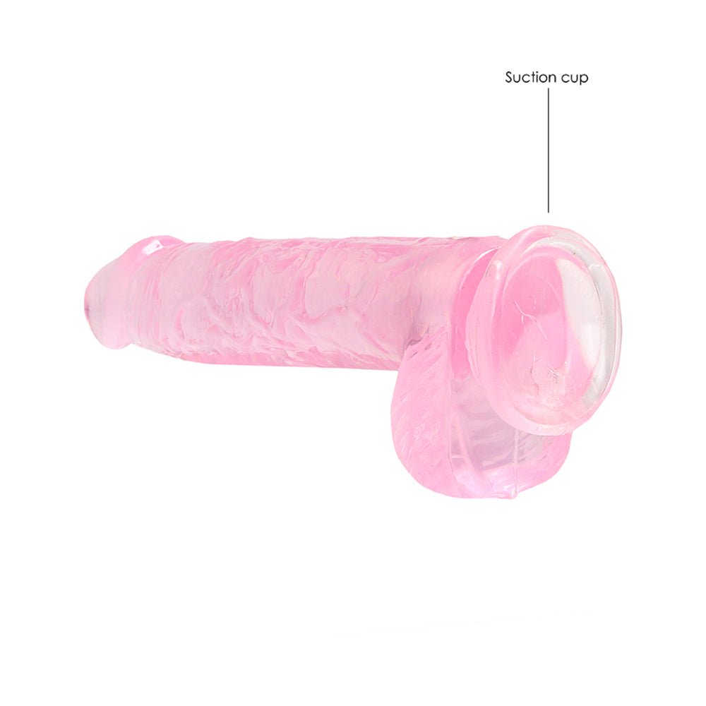 RealRock Crystal Clear Realistic 6 in. Dildo With Balls and Suction Cup Pink - Image 5