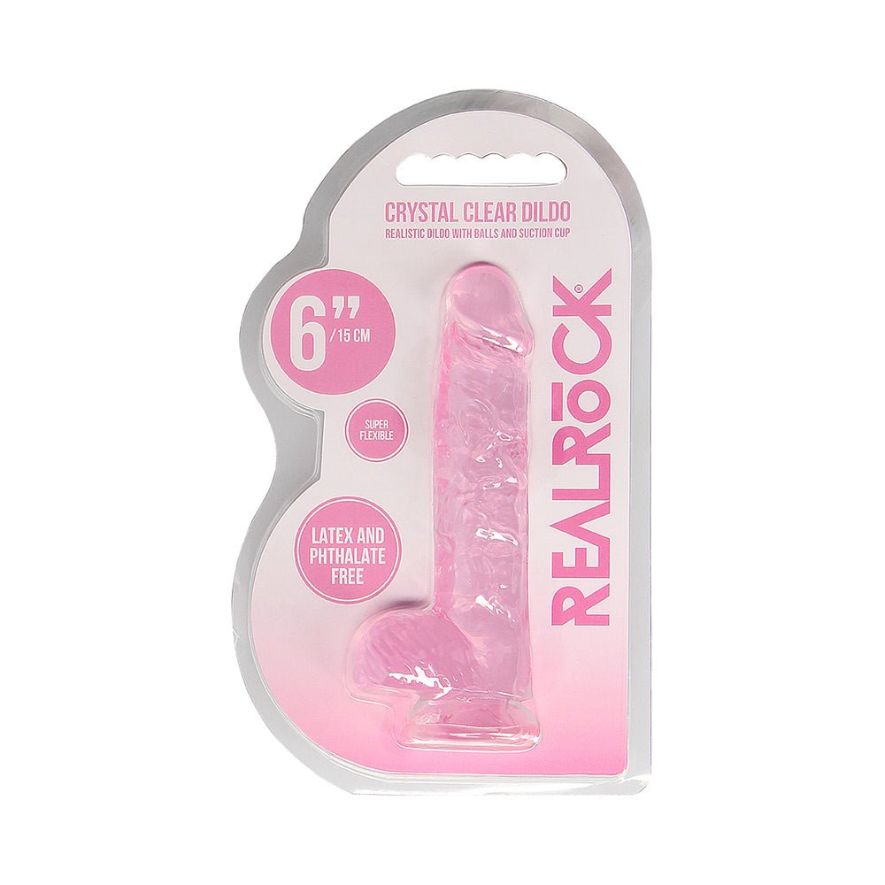 RealRock Crystal Clear Realistic 6 in. Dildo With Balls and Suction Cup Pink - Image 8