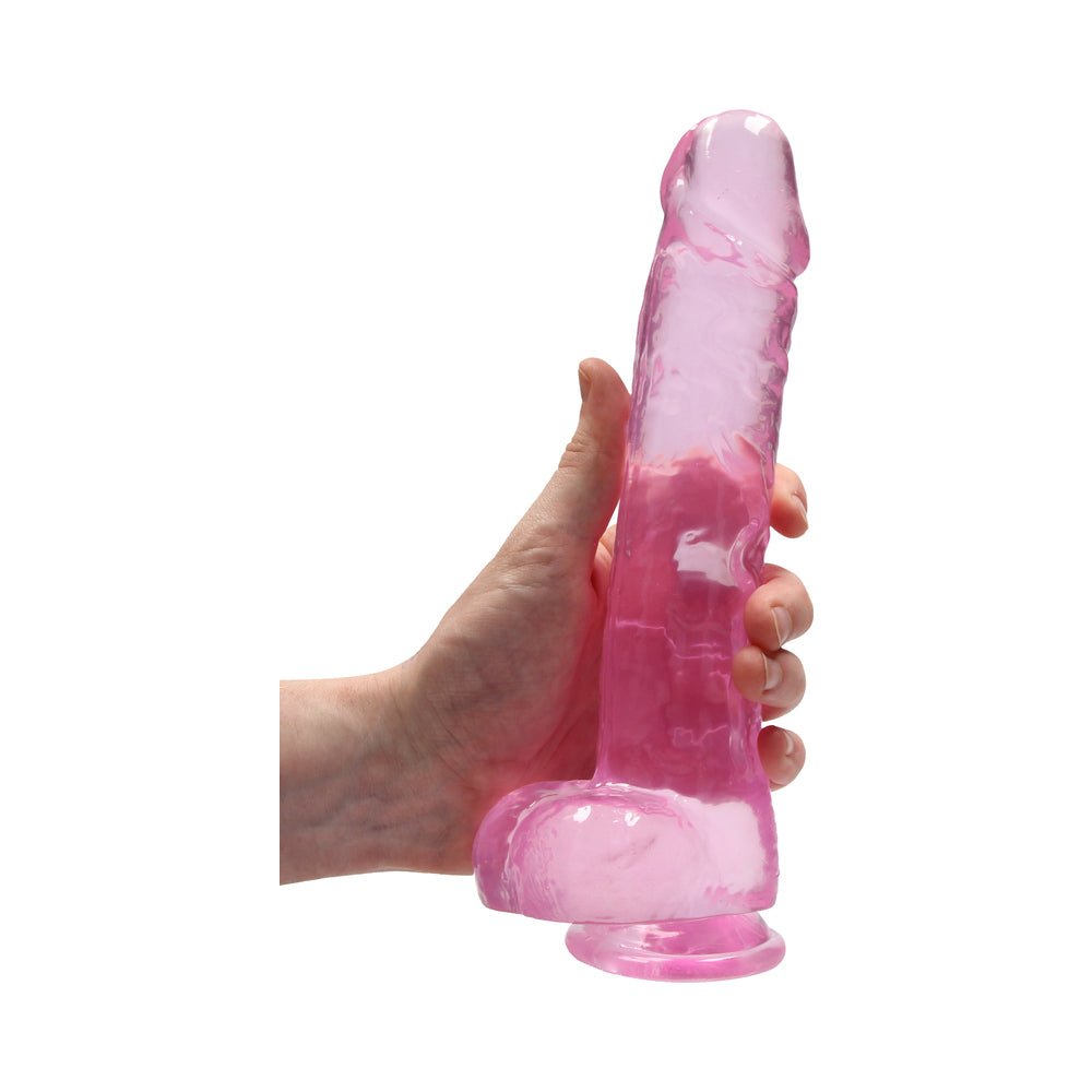 RealRock Crystal Clear Realistic 9 in. Dildo With Balls and Suction Cup Pink - Image 6