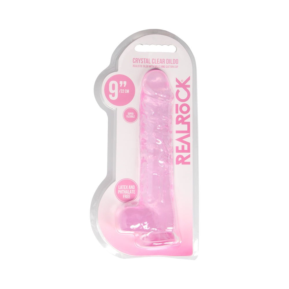 RealRock Crystal Clear Realistic 9 in. Dildo With Balls and Suction Cup Pink - Image 8