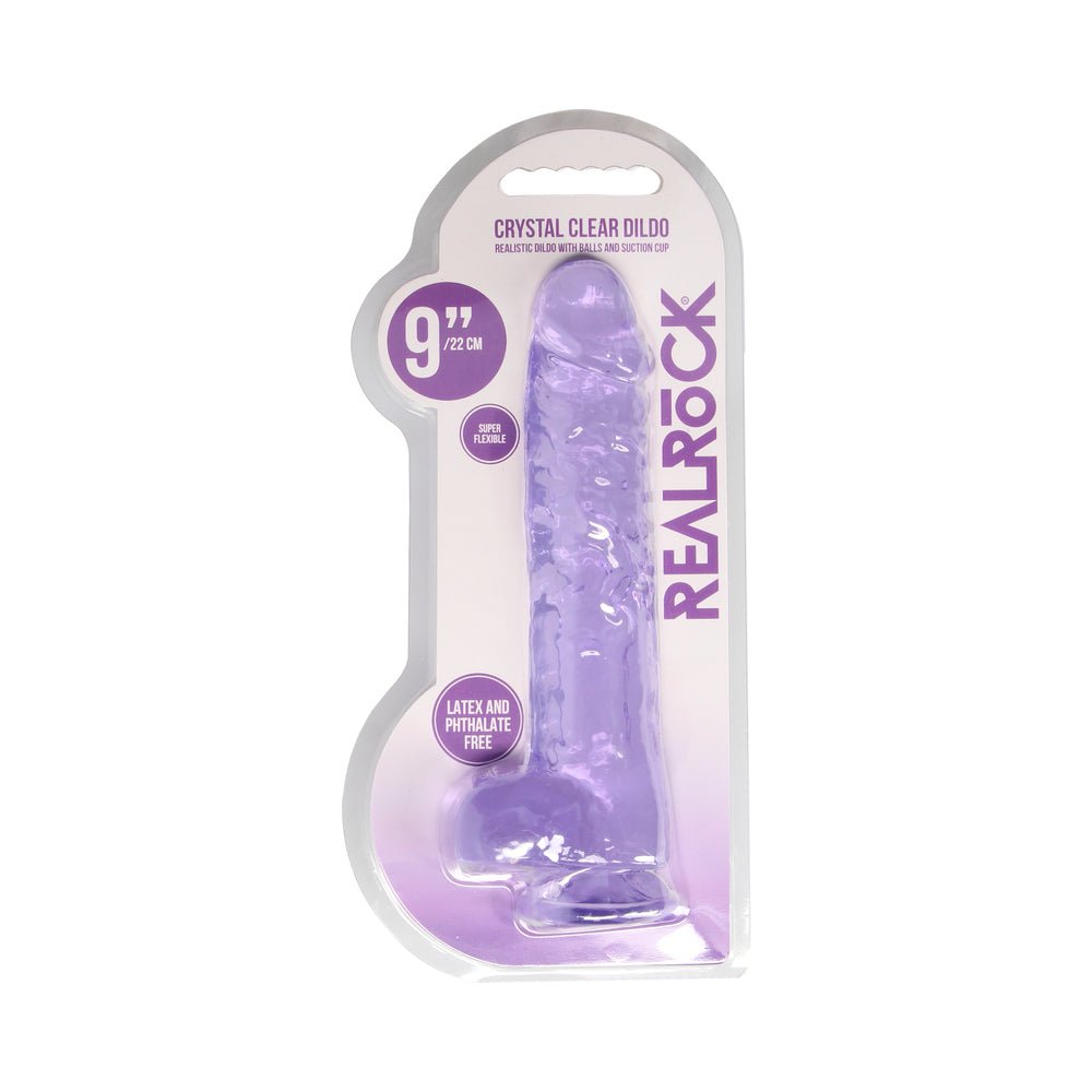 RealRock Crystal Clear Realistic 9 in. Dildo With Balls and Suction Cup Purple - Image 8