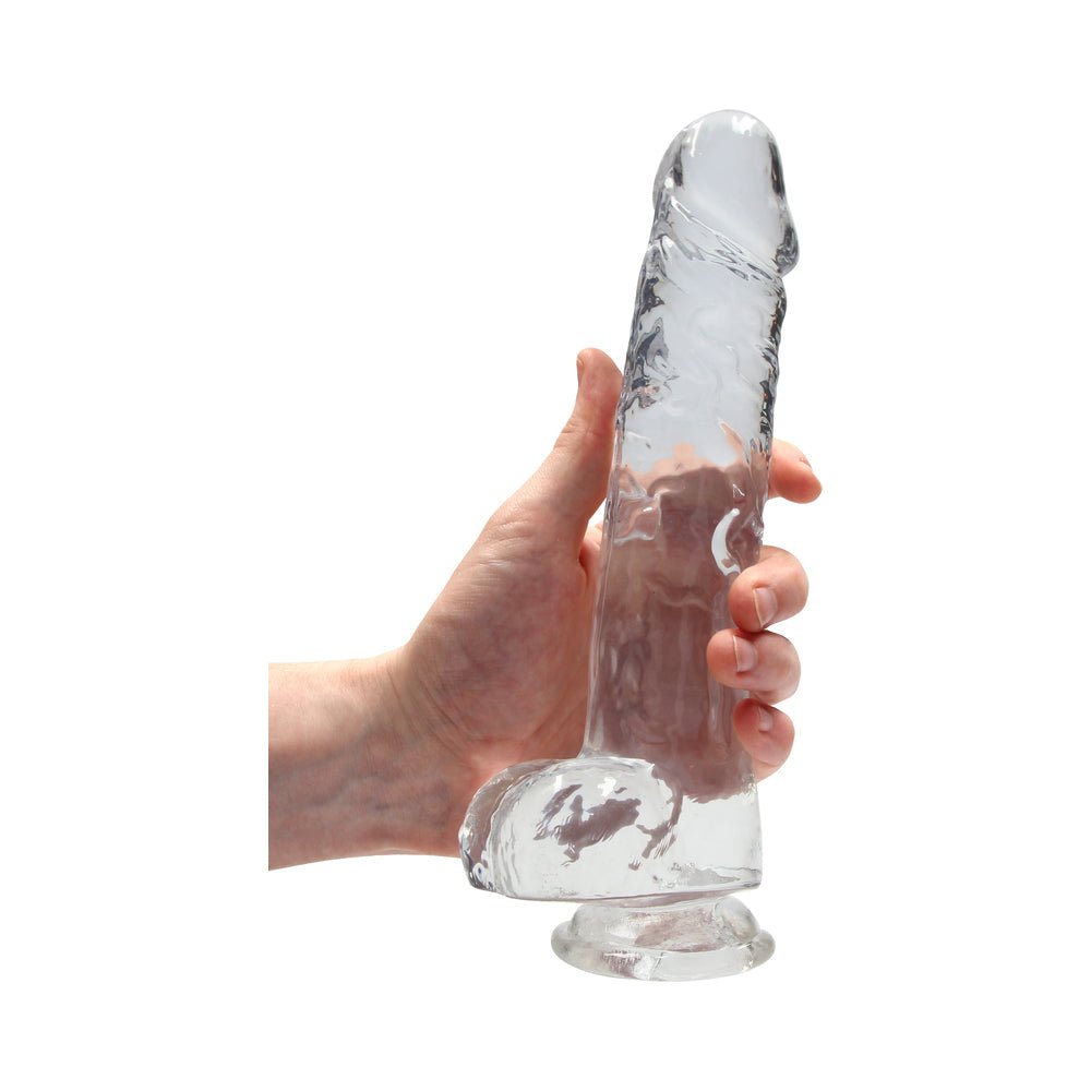RealRock Crystal Clear Realistic 9 in. Dildo With Balls and Suction Cup Clear - Image 6