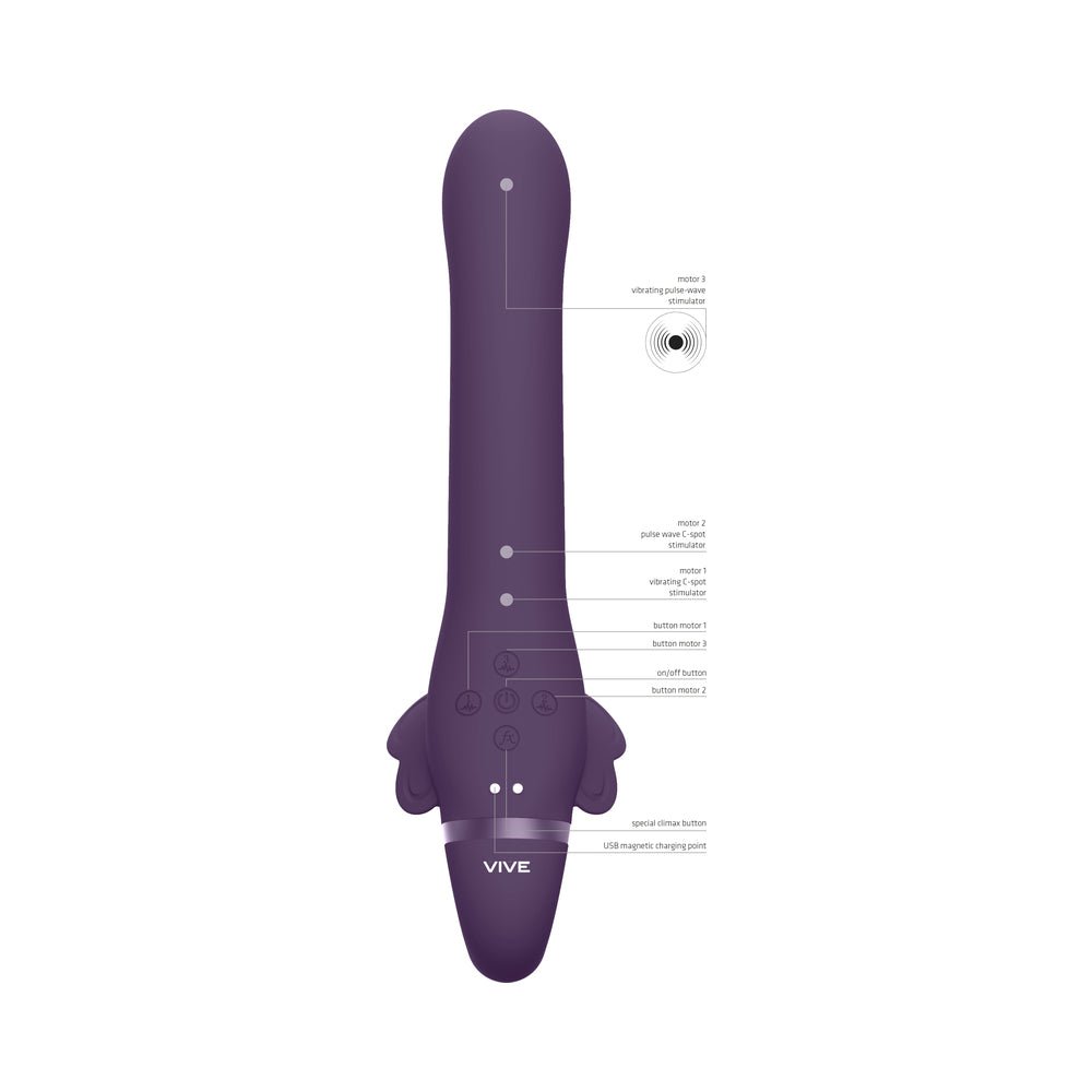 VIVE SATU Rechargeable Triple Motor Pulse-Wave Vibrating Silicone Strapless Strap-On Purple - Image 6