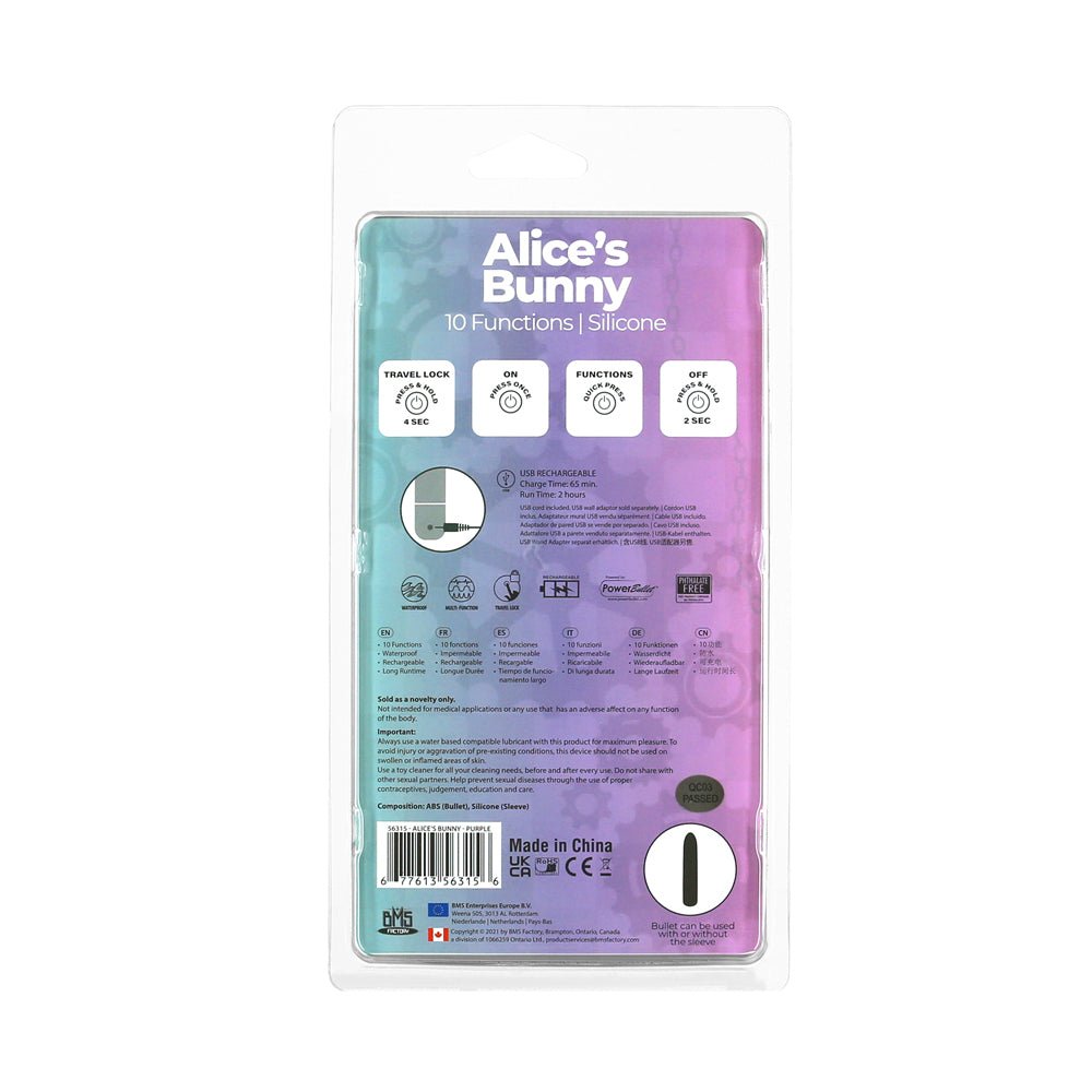 Powerbullet Alice''s Bunny Rechargeable Bullet Vibrator with Silicone Rabbit Sleeve Purple - Image 6