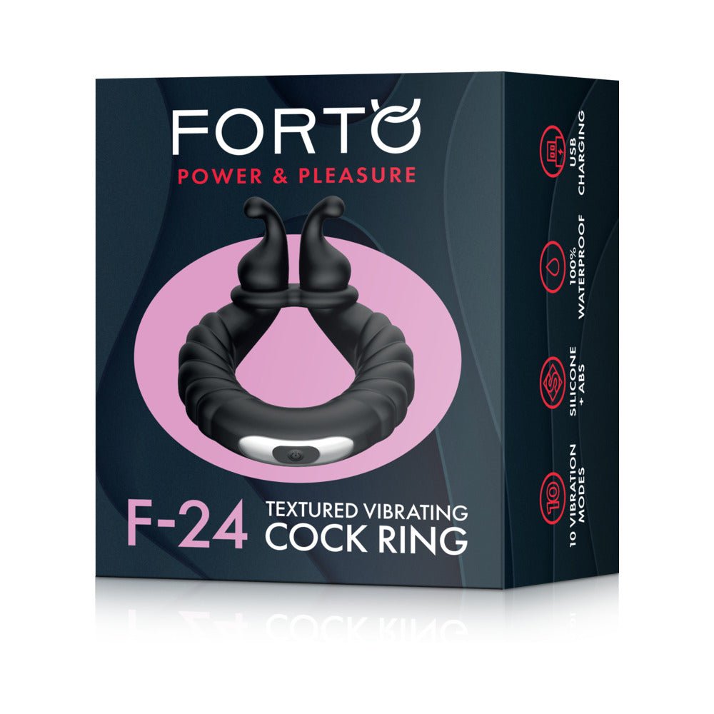 Forto F-24 Rechargeable Silicone Textured Vibrating Cockring Black - Image 10