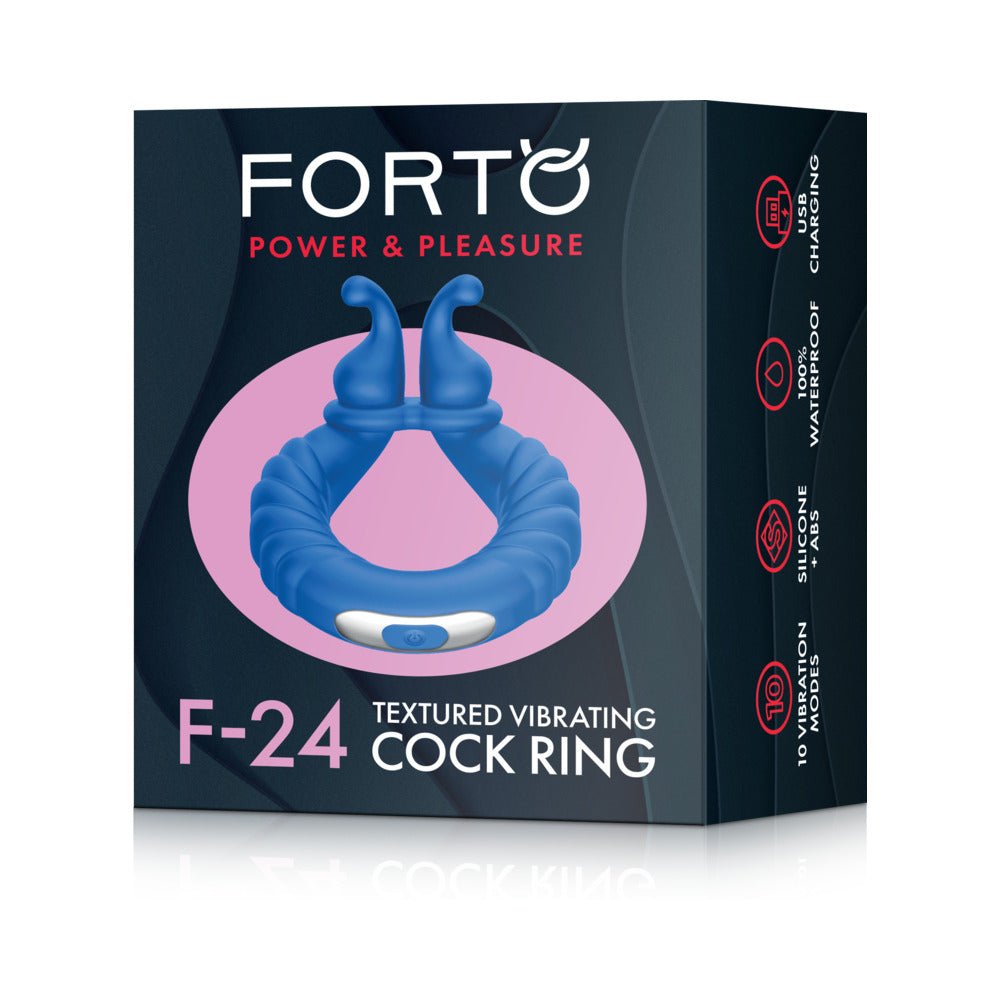 Forto F-24 Rechargeable Silicone Textured Vibrating Cockring Blue - Image 10