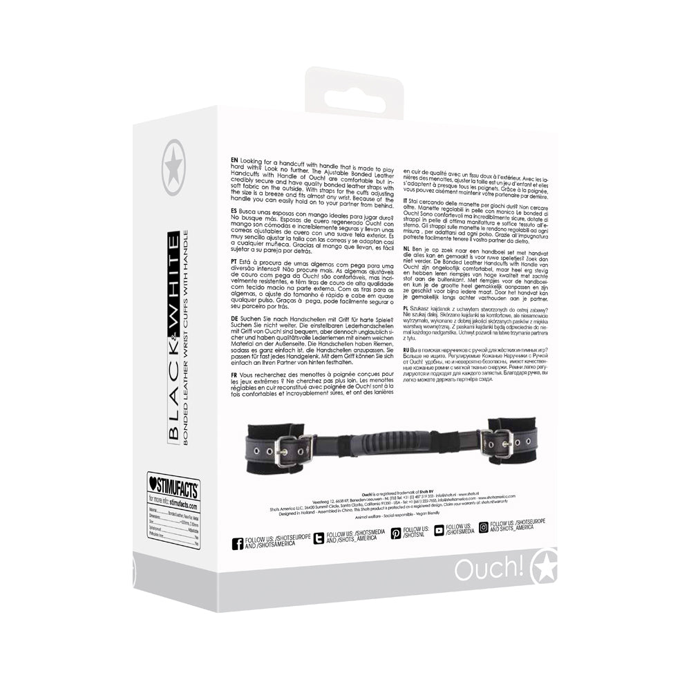 Ouch! Black & White Adjustable Bonded Leather Wrist Cuffs With Handle Black - Image 8