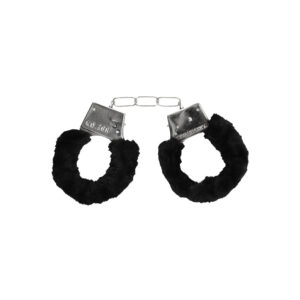 Ouch! Black & White Pleasure Furry Handcuffs with Quick-Release Button - Image 2
