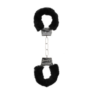 Ouch! Black & White Pleasure Furry Handcuffs with Quick-Release Button - Image 3
