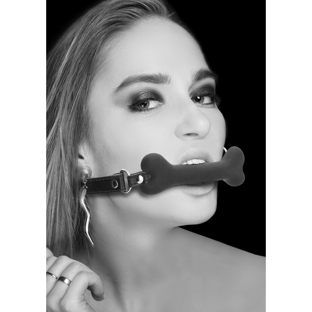 Ouch! Black & White Silicone Bone Gag With Adjustable Bonded Leather Straps Black - Image 5