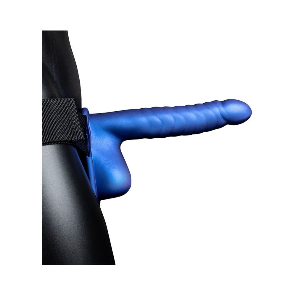 Ouch! Ribbed 8 in. Hollow Strap-On with Balls Metallic Blue - Image 2