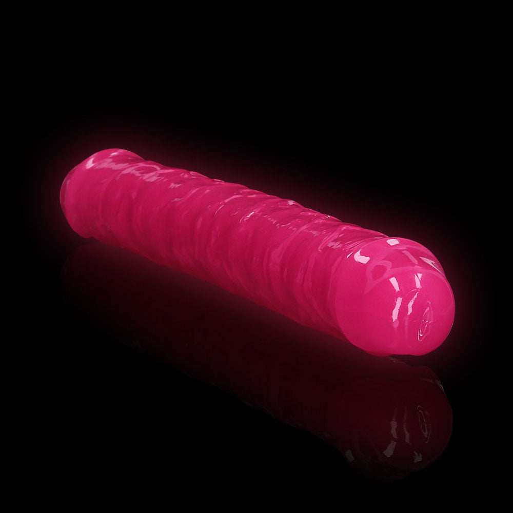 RealRock Glow in the Dark Double Dong 12 in. Dual-Ended Dildo Neon Pink - Image 5
