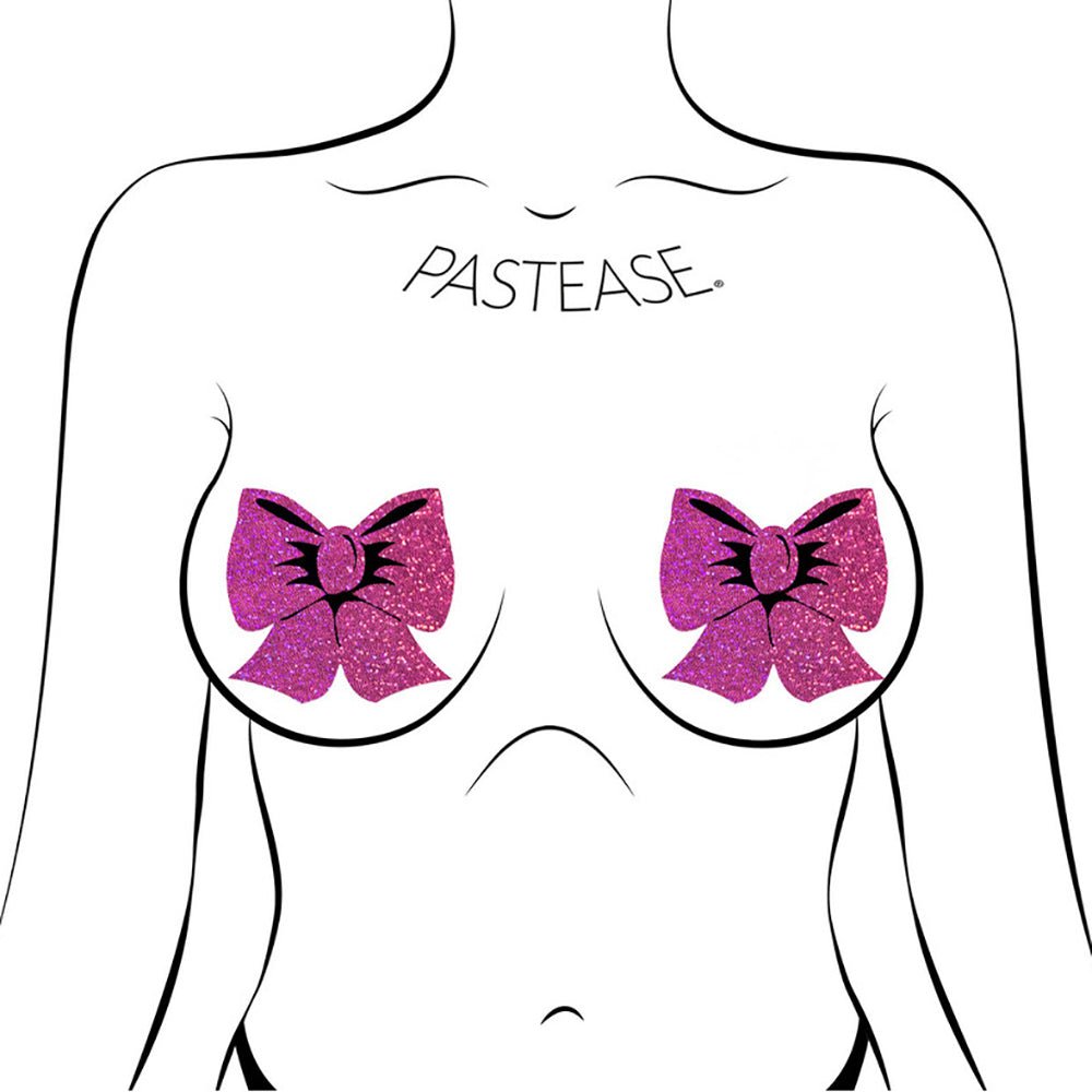 Pastease Bow: Hot Pink Glitter Bows Nipple Pasties - Image 3
