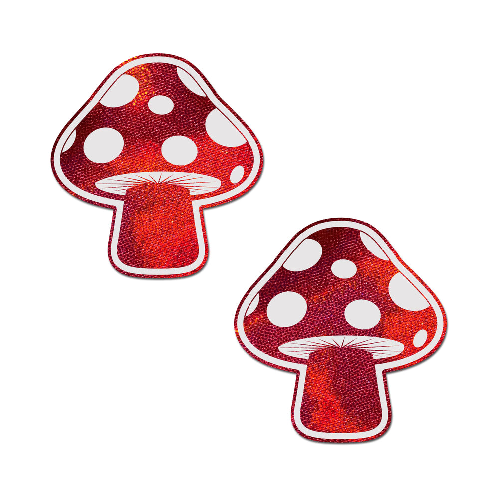 Pastease Mushroom: Shiny Red & White Glow-in-the-Dark Shroom Nipple Pasties - Image 2