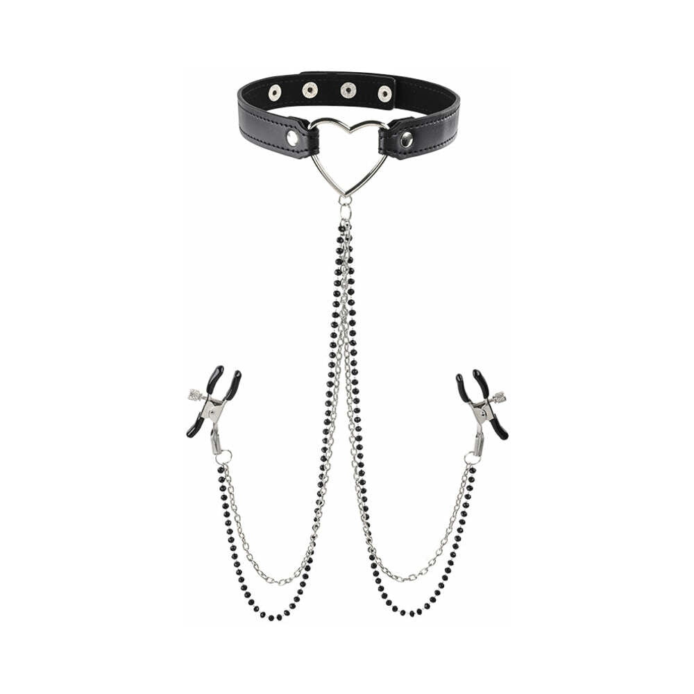 Sportsheets Sex & Mischief Amor Adjustable Collar with Nipple Clamps Black - Image 2