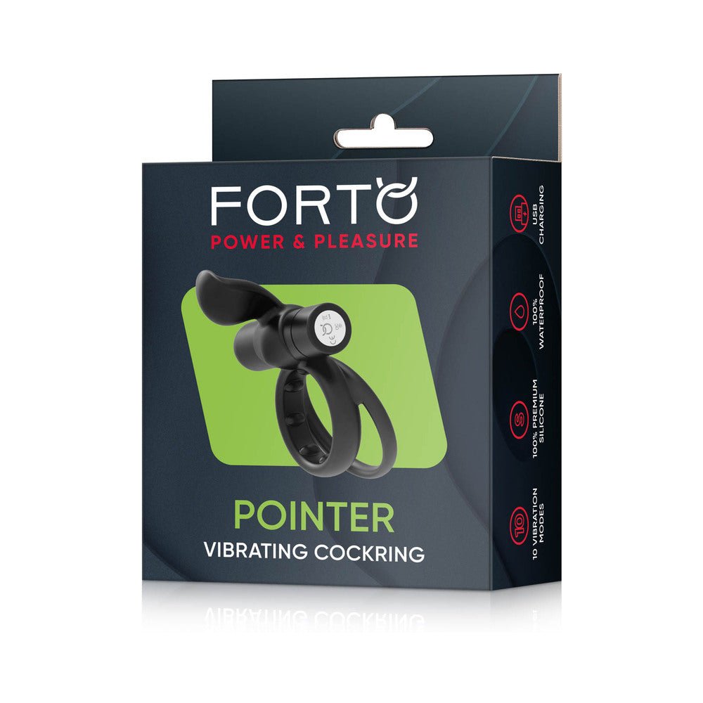 Forto Pointer Rechargeable Silicone Vibrating Dual Cockring with External Stimulator Black - Image 6