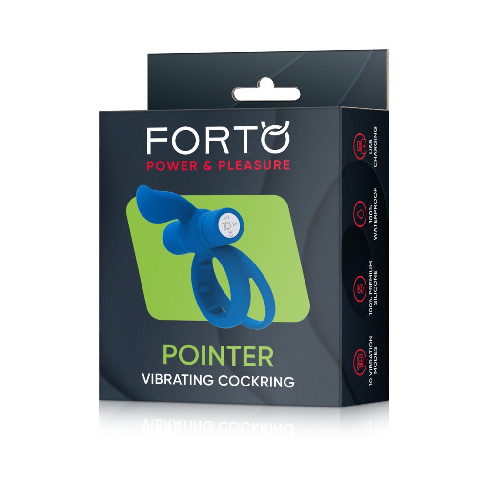 Forto Pointer Rechargeable Silicone Vibrating Dual Cockring with External Stimulator Blue - Image 2