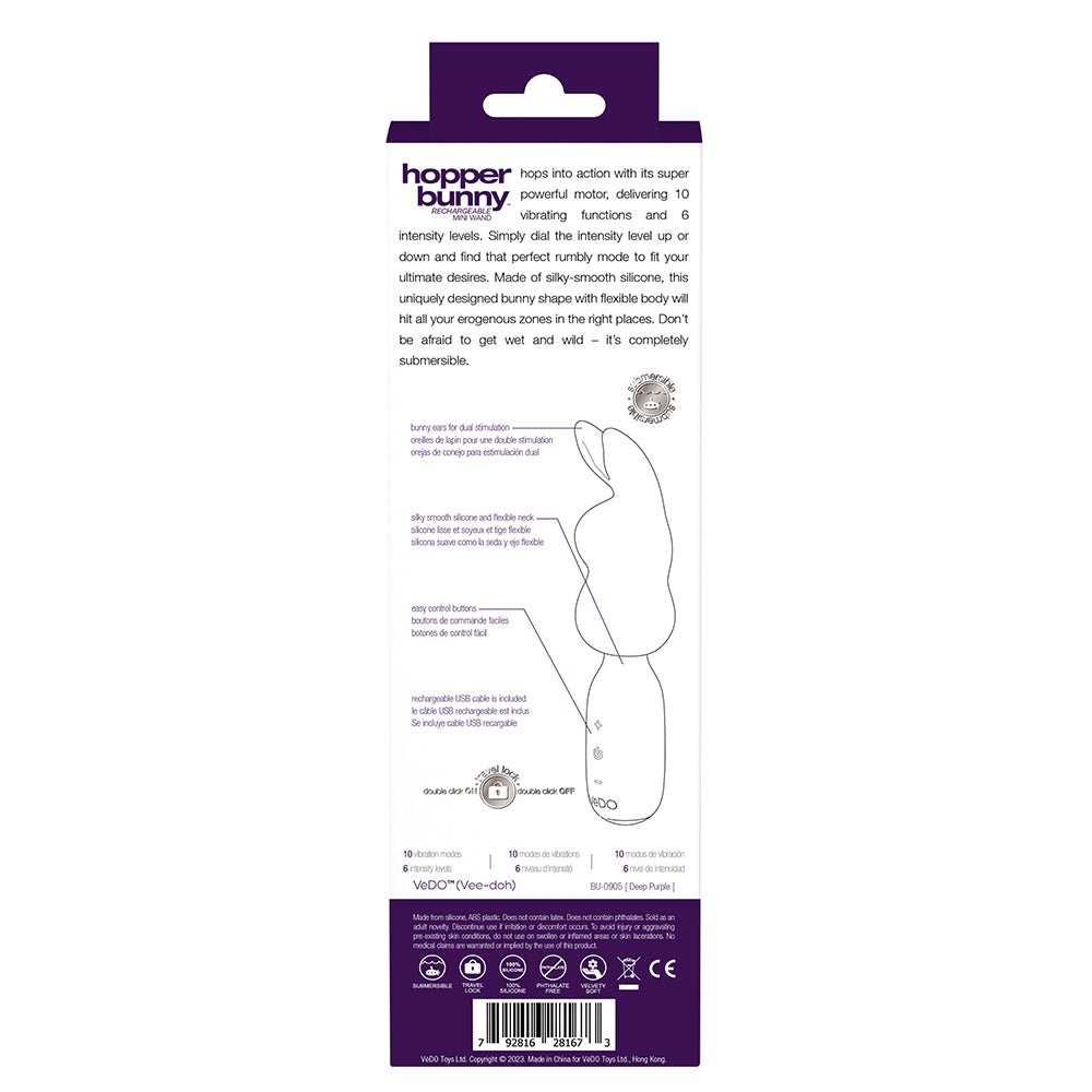 VeDO Hopper Bunny Rechargeable Silicone Mini Wand Vibrator Purple - Image 5