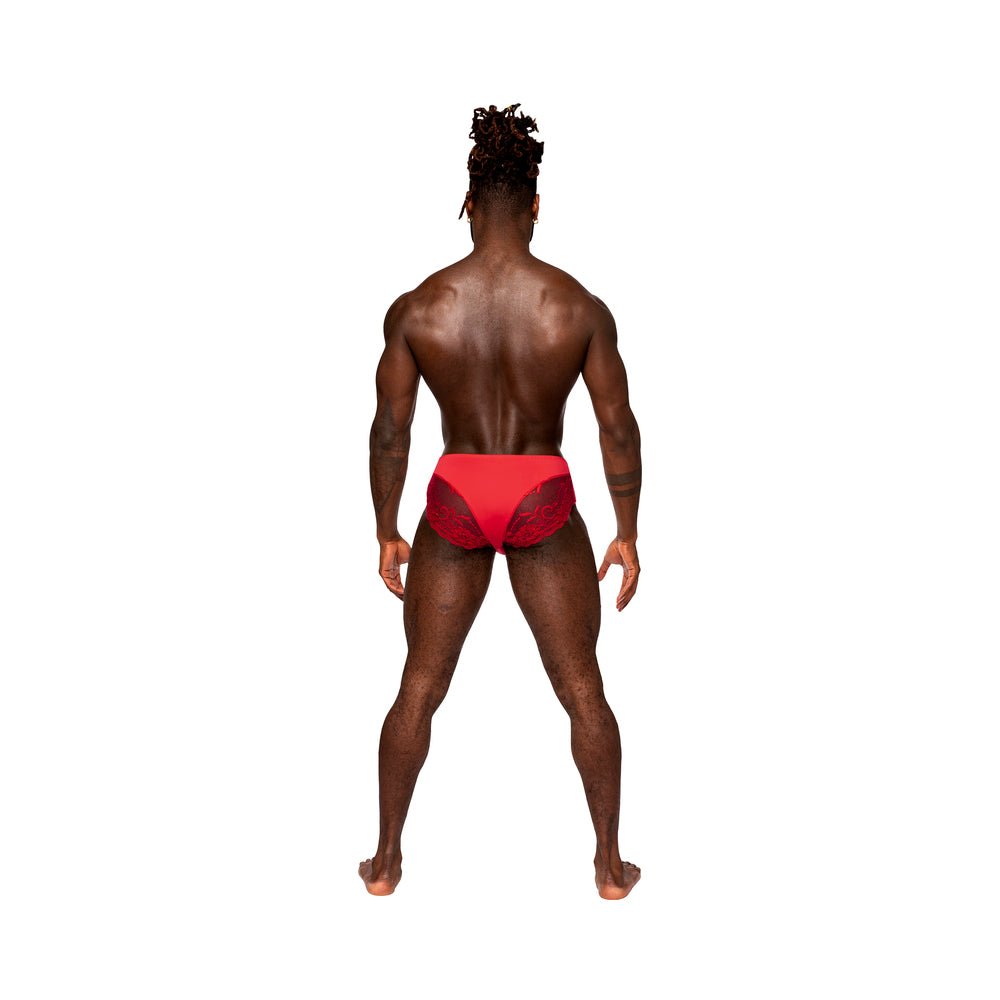 Male Power Sassy Lace Bikini Solid Pouch Red L - Image 2