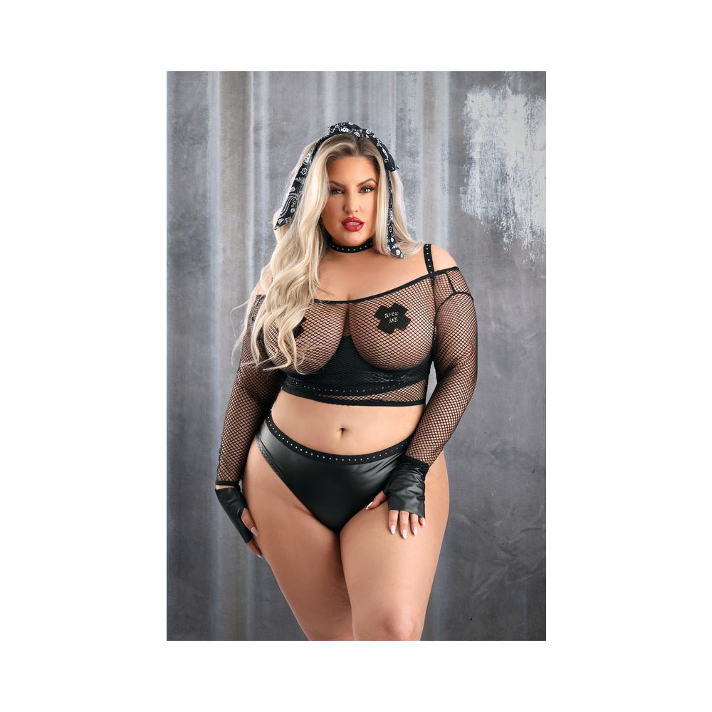 Fantasy Lingerie Play Easy Rider Open Cup Bra, Long Sleeve Fishnet Top, Panty, Choker, Gloves, Bandana & 1 pair of Pasties Costume 3XL/4XL - Image 2