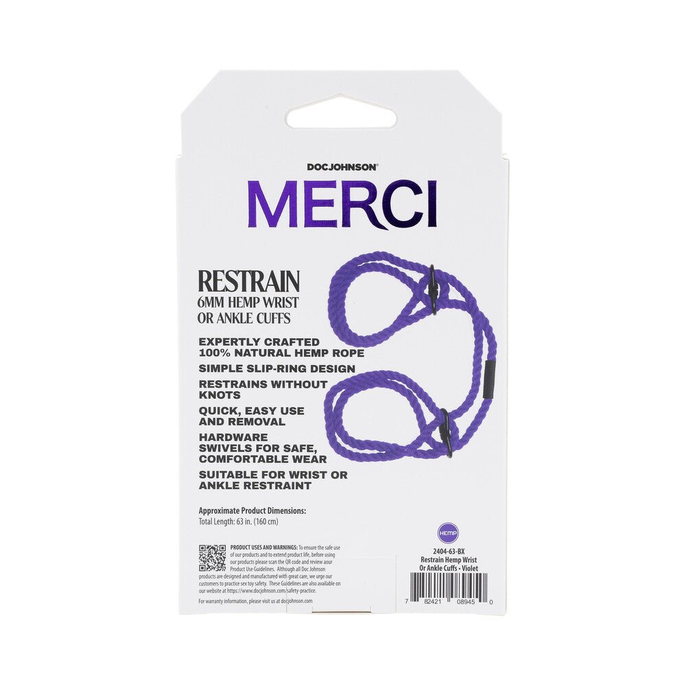 Merci Restrain 6mm Hemp Wrist or Ankle Cuffs Violet - Image 7