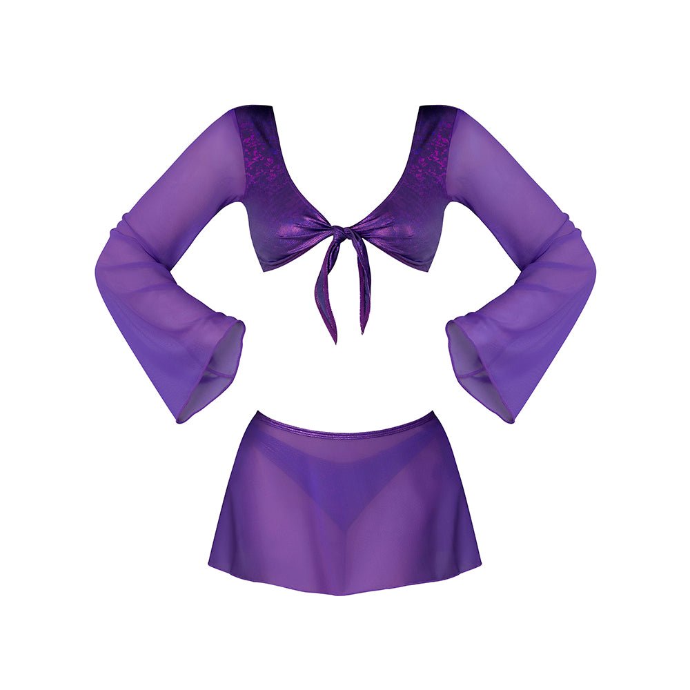 Magic Silk Glimmer LS Crop Top, Mini Skirt & Tie Side Thong Purple Disco Queen Size - Image 4
