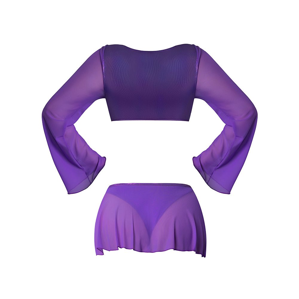 Magic Silk Glimmer LS Crop Top, Mini Skirt & Tie Side Thong Purple Disco Queen Size - Image 5