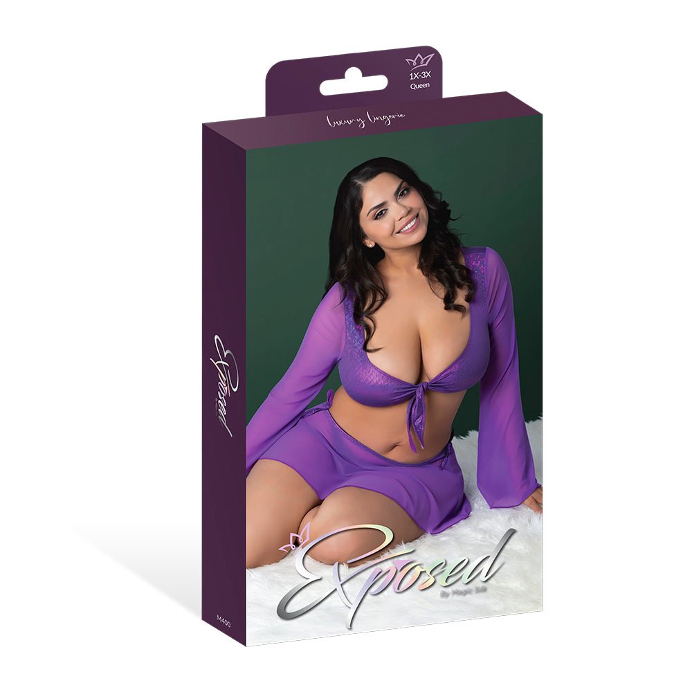 Magic Silk Glimmer LS Crop Top, Mini Skirt & Tie Side Thong Purple Disco Queen Size - Image 6