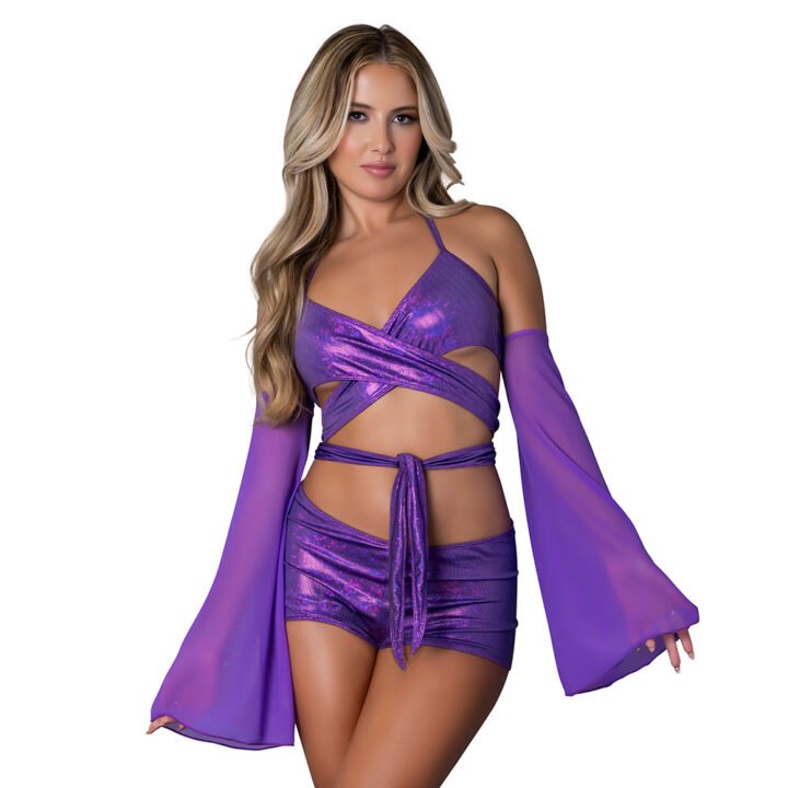 Magic Silk Glimmer Wrap Bralette, Booty Shorts & Sleeve Set Purple Disco L/XL