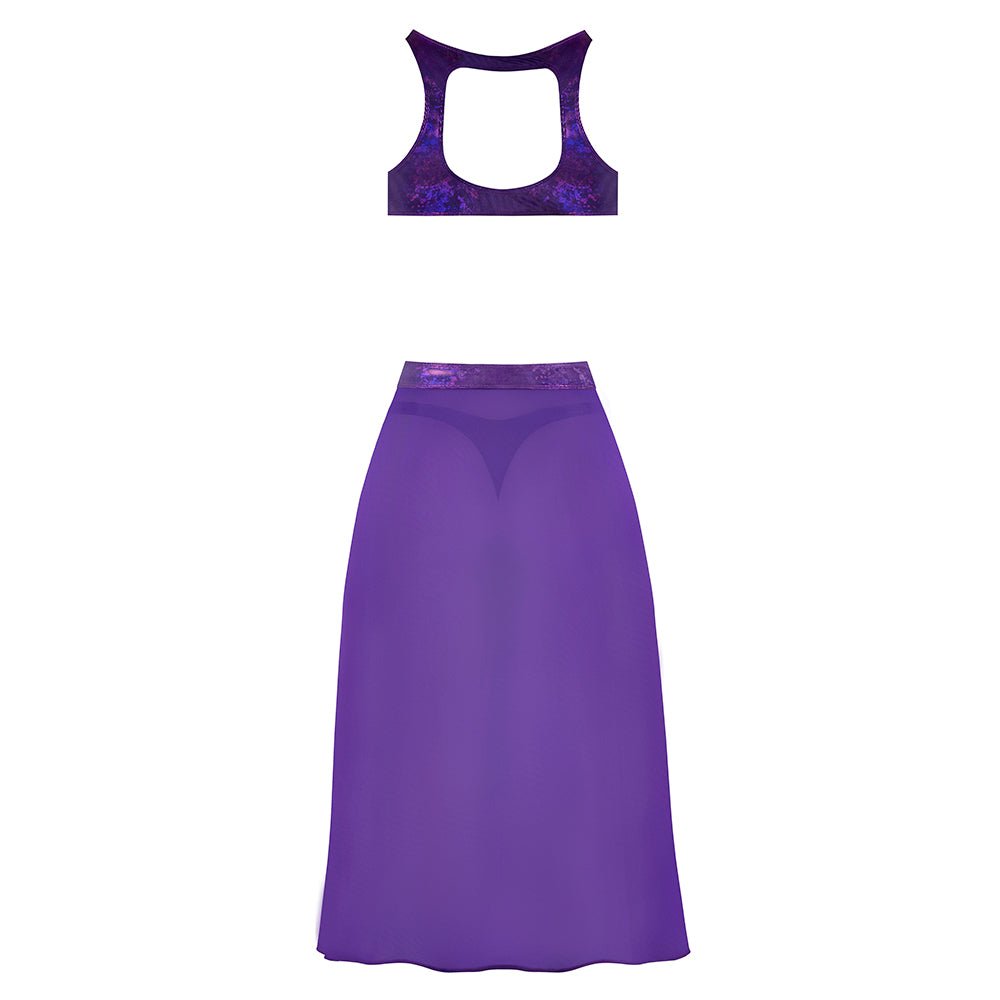 Magic Silk Glimmer High Neck Crop Top, Flowy Skirt & Tanga Set Purple Disco S/M - Image 6