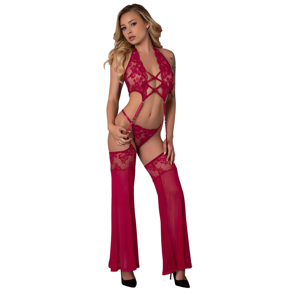Magic Silk Black Cherry Plunge Top with Removable Chaps & Cheeky Panty Cherry S/M
