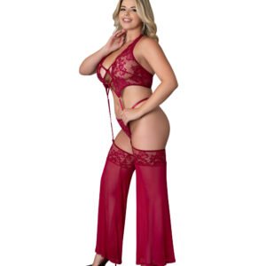 Alternative view of Magic Silk Black Cherry Plunge Top with Removable Chaps & Cheeky Panty Cherry Queen Size