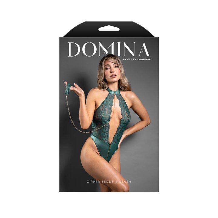 Fantasy Lingerie Domina Keyhole Halter Teddy with Detachable Chain-Link Leash Pine Green L/XL