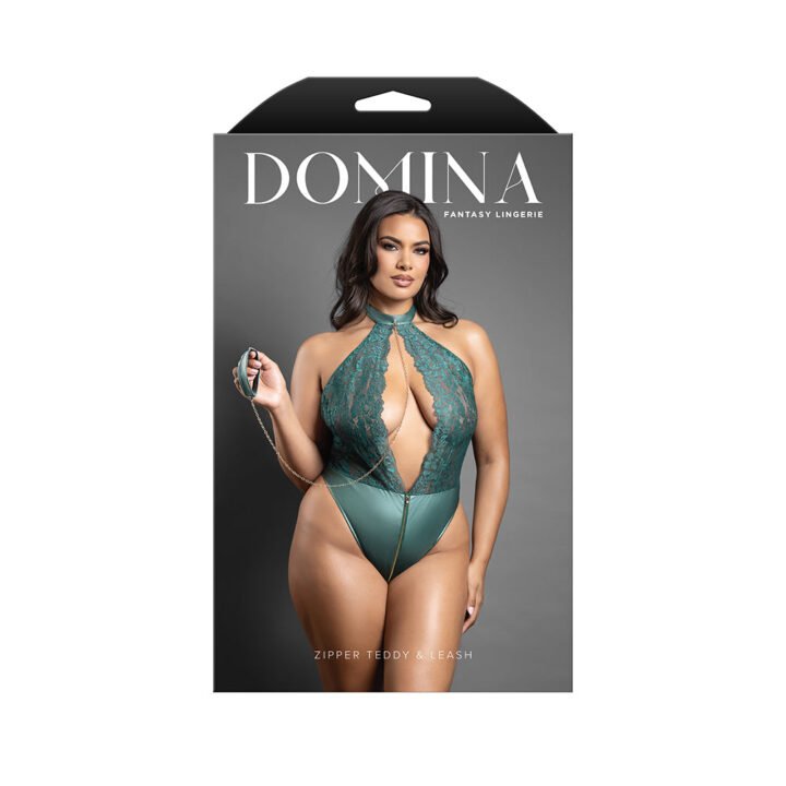 Fantasy Lingerie Domina Keyhole Halter Teddy with Detachable Chain-Link Leash Pine Green Queen Size
