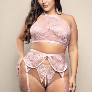 Alternative view of Fantasy Lingerie Opulence Pearl Halter Bralette, Garter Belt & Crotchless Pearl G-String Light Pink Queen Size