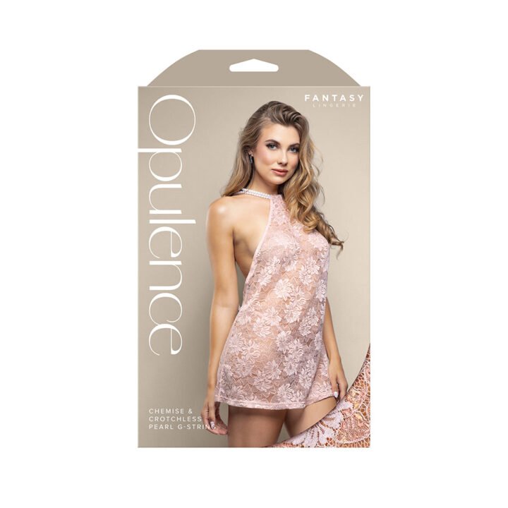 Fantasy Lingerie Opulence Pearl Draped Open-Back Halter Chemise & Crotchless Pearl G-String Light Pink S/M