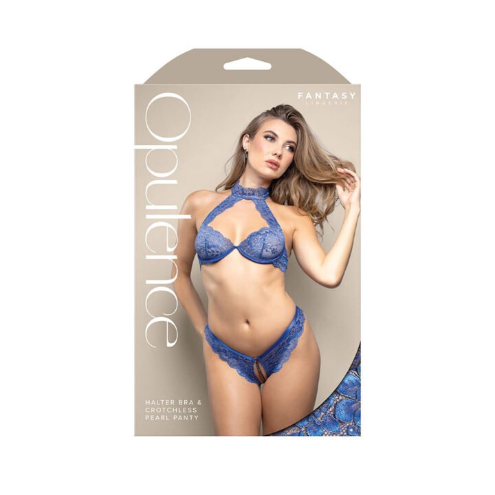 Fantasy Lingerie Opulence Pearl Back Strap Halter Bra & Adjustable Crotchless Pearl Panty Royal Blue S/M