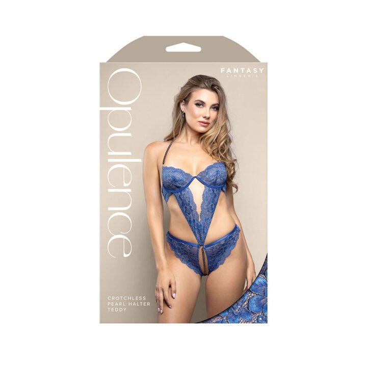 Fantasy Lingerie Opulence Pearl Halter Open Crotch Teddy with Adjustable Pearl String Royal Blue M/L