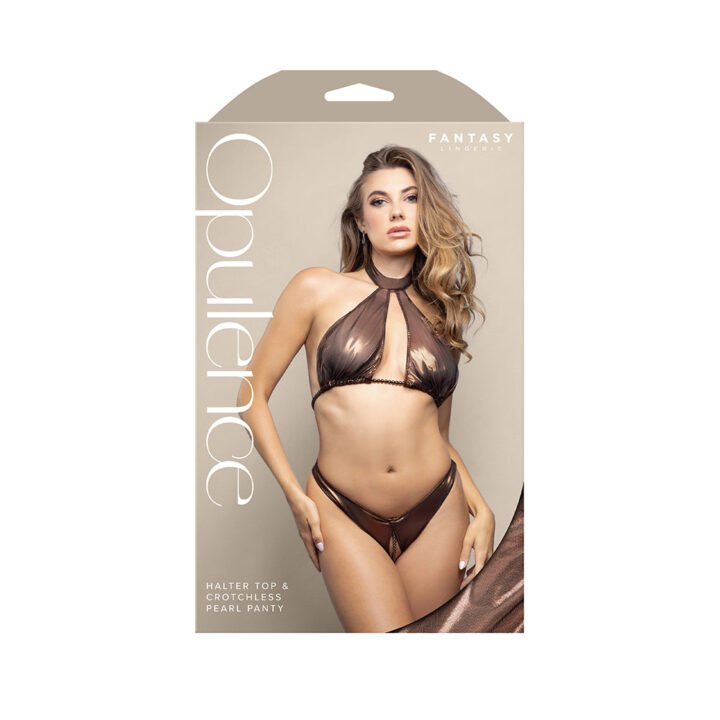 Fantasy Lingerie Opulence Pearl Underbust Halter Top & Adjustable Pearl String Open Panty Chocolate M/L