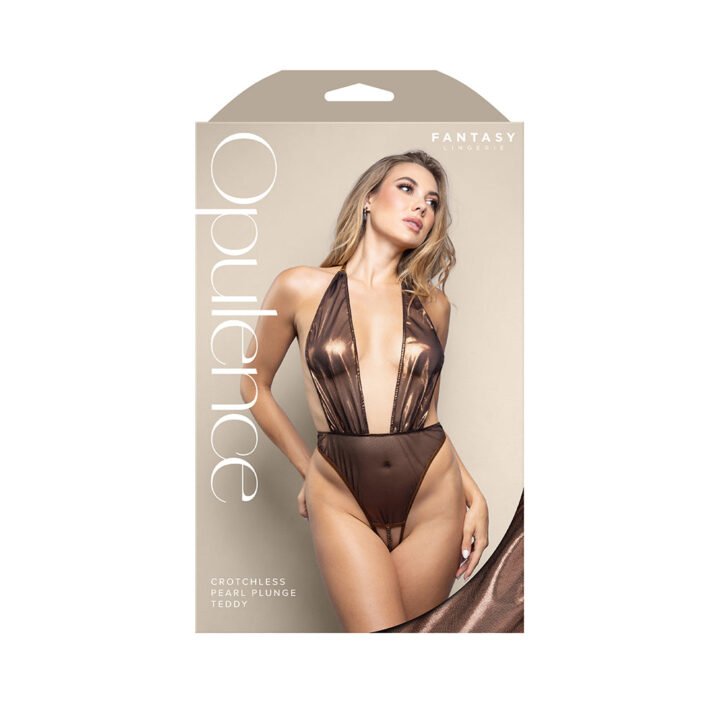 Fantasy Lingerie Opulence Crotchless Pearl Plunge Halter Teddy with Adjustable Pearl G-String Chocolate L/XL