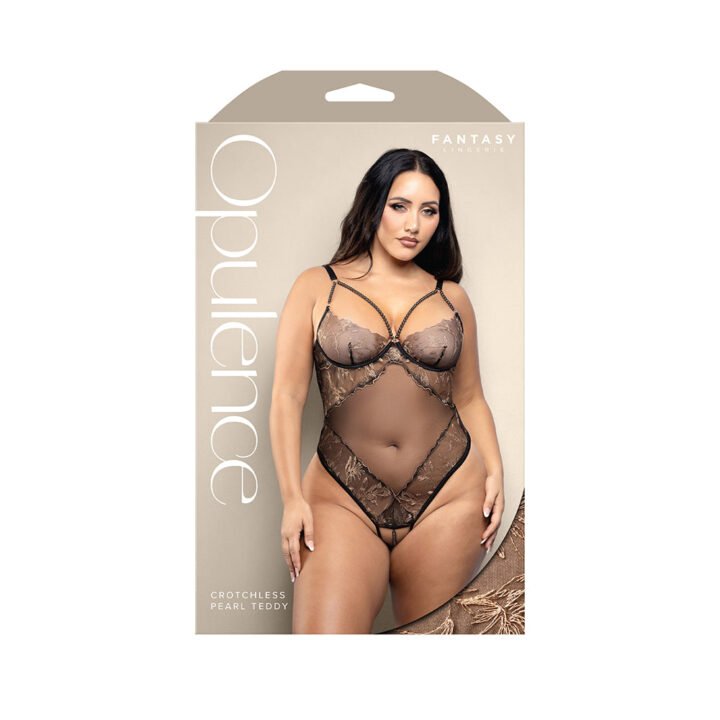 Fantasy Lingerie Opulence Crotchless Pearl Cage Neckline Teddy with Adjustable Pearl G-String Black Queen Size