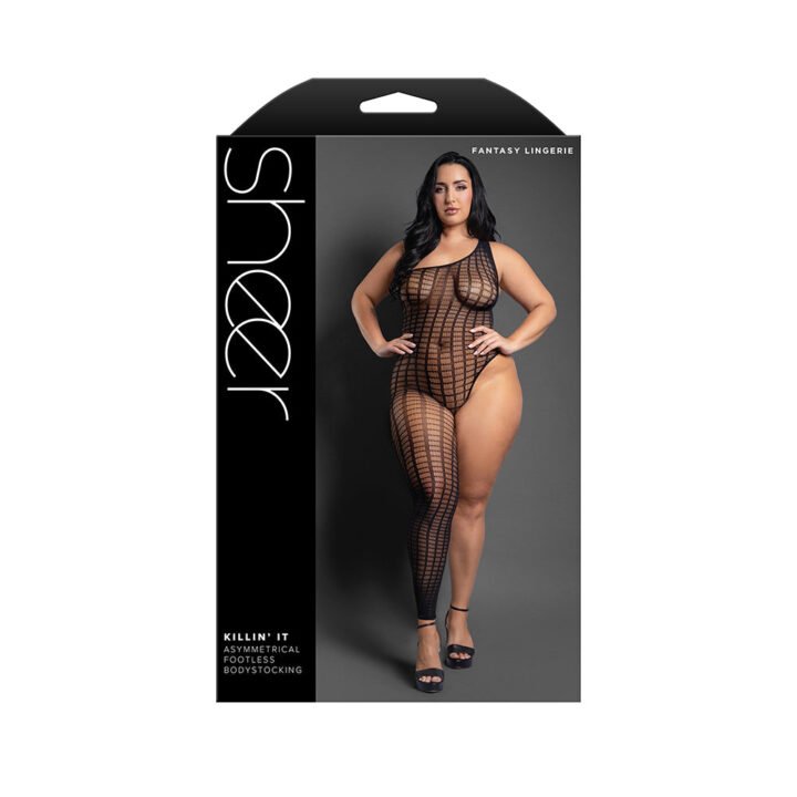 Fantasy Lingerie Sheer Killin'' It Asymmetrical Footless Bodystocking Black Queen Size