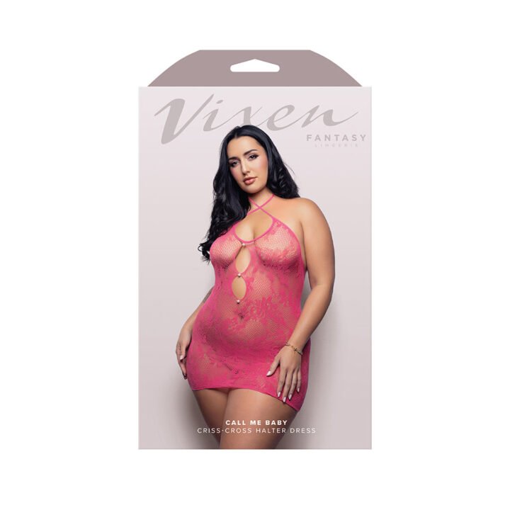 Fantasy Lingerie Vixen Call Me Baby Criss-Cross Halter Tie Dress with Pearl Details Hot Pink Queen Size