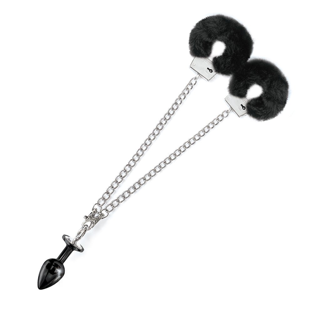 NIXIE Metal Butt Plug & Furry Handcuff Set Medium Black - Image 2
