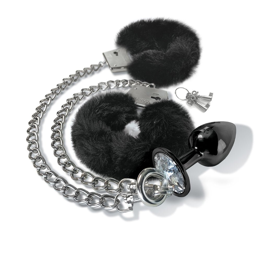 NIXIE Metal Butt Plug & Furry Handcuff Set Medium Black - Image 3